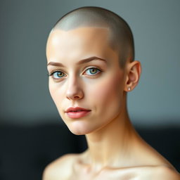 A minimalist portrait of a woman closely resembling Melissa Fumero, depicted with a completely shaved head