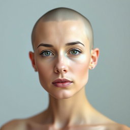 A minimalist portrait of a woman closely resembling Melissa Fumero, depicted with a completely shaved head