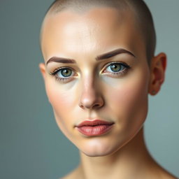 A minimalist portrait of a woman closely resembling Melissa Fumero, depicted with a completely shaved head