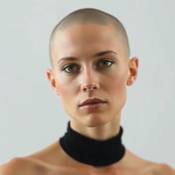 A minimalist portrait of a woman closely resembling Melissa Fumero, depicted with a completely shaved head