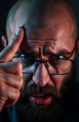 A close-up of a scared bearded man with a clean-shaven head, emphasizing his fearful expression