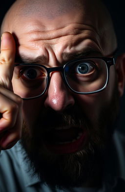 A close-up of a scared bearded man with a clean-shaven head, emphasizing his fearful expression