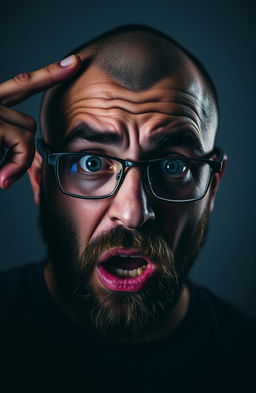 A close-up of a scared bearded man with a clean-shaven head, emphasizing his fearful expression
