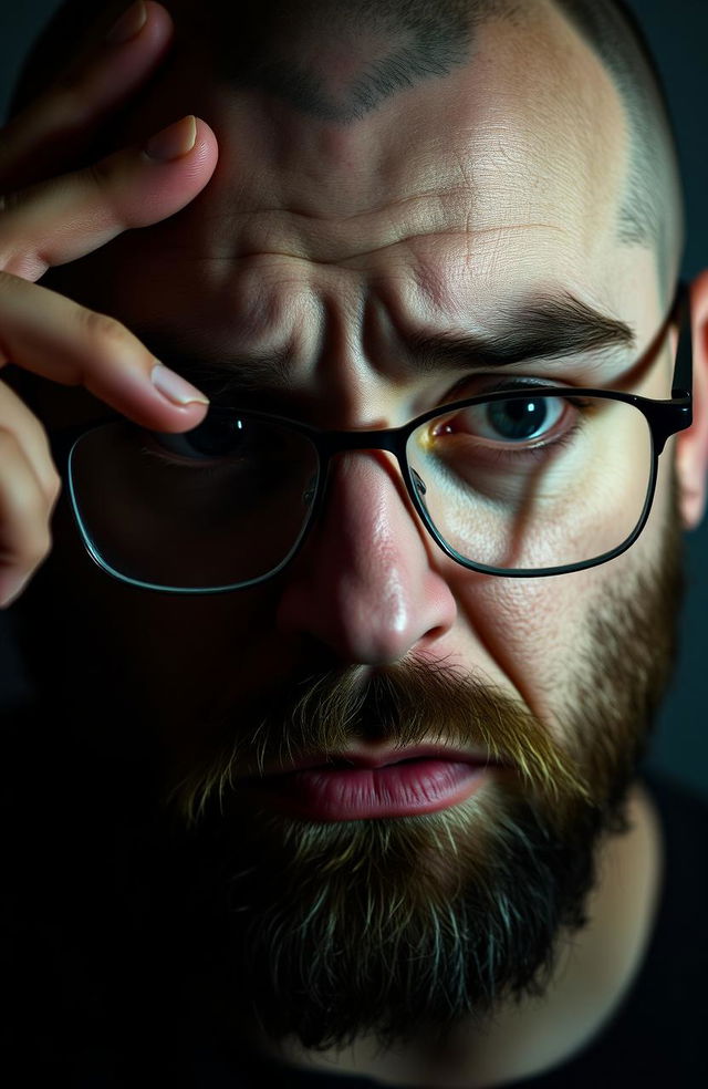 A close-up of a scared bearded man with a clean-shaven head, emphasizing his fearful expression