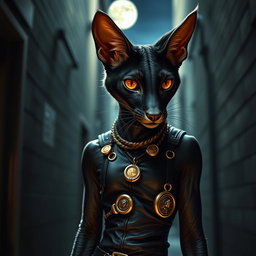 A sleek, midnight-black tabaxi with piercing amber eyes, showcasing a lean and agile physique