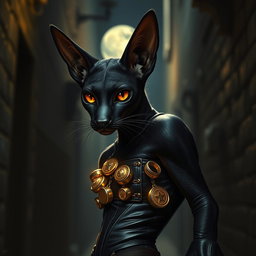 A sleek, midnight-black tabaxi with piercing amber eyes, showcasing a lean and agile physique