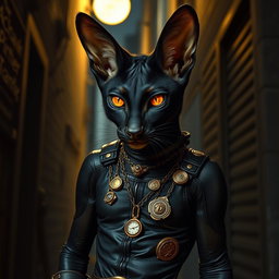A sleek, midnight-black tabaxi with piercing amber eyes, showcasing a lean and agile physique
