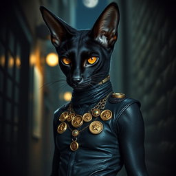 A sleek, midnight-black tabaxi with piercing amber eyes, showcasing a lean and agile physique