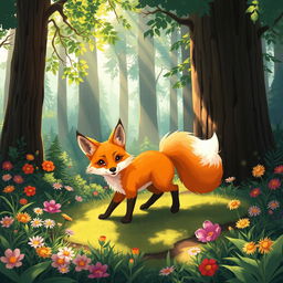 A charming 2D illustration of a fox in a vibrant forest