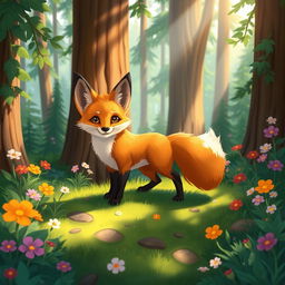 A charming 2D illustration of a fox in a vibrant forest