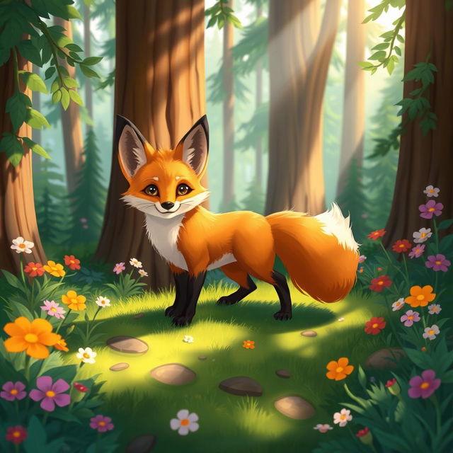 A charming 2D illustration of a fox in a vibrant forest