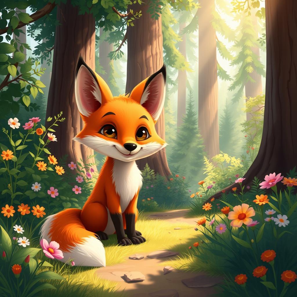 A charming 2D illustration of a fox in a vibrant forest