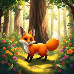 A charming 2D illustration of a fox in a vibrant forest