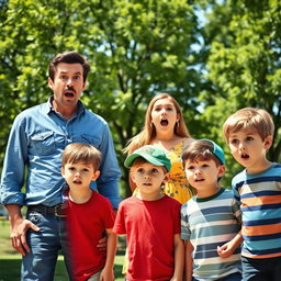 A scene capturing a moment of surprise involving a man, a woman and two boys in an outdoor park