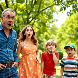 A scene capturing a moment of surprise involving a man, a woman and two boys in an outdoor park