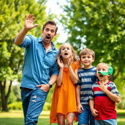 A scene capturing a moment of surprise involving a man, a woman and two boys in an outdoor park