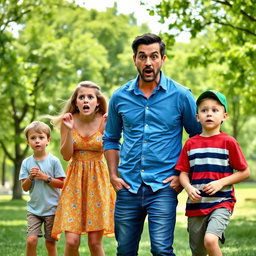 A scene capturing a moment of surprise involving a man, a woman and two boys in an outdoor park