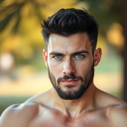 A handsome male figure, 185 cm tall and weighing 90 kg, with striking blue eyes and short black hair