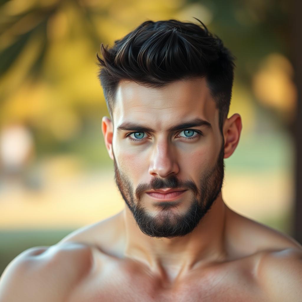 A handsome male figure, 185 cm tall and weighing 90 kg, with striking blue eyes and short black hair