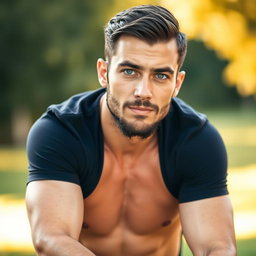 A handsome male figure, 185 cm tall and weighing 90 kg, with striking blue eyes and short black hair