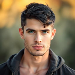 A handsome male figure, 185 cm tall and weighing 90 kg, with striking blue eyes and short black hair