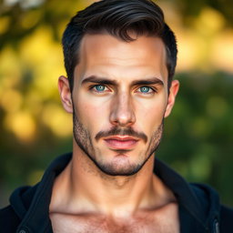 A handsome male figure, 185 cm tall and weighing 90 kg, with striking blue eyes and short black hair