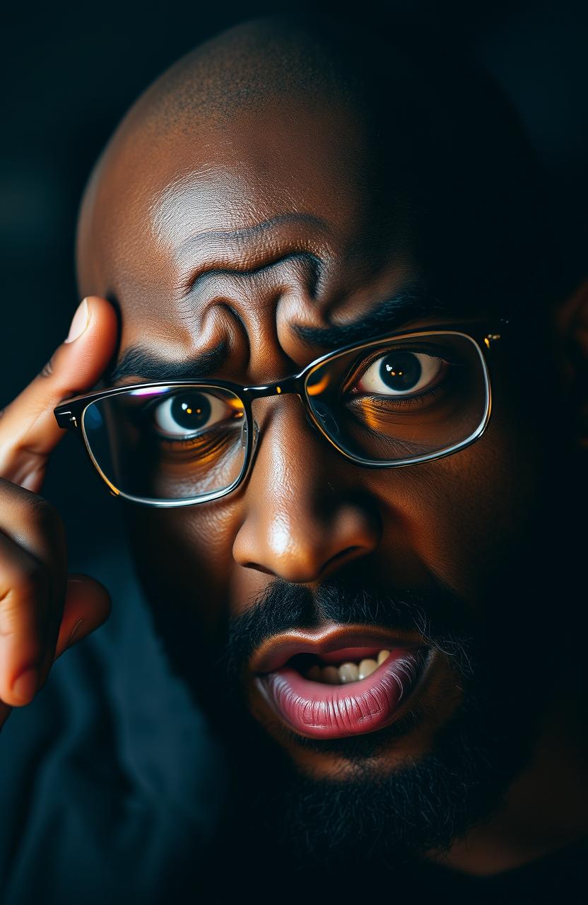 A close-up portrait of a scared bearded black man with a clean-shaven head, his expression filled with anxiety