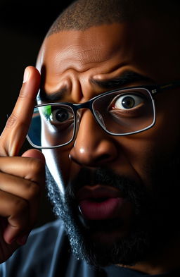 A close-up portrait of a scared bearded black man with a clean-shaven head, his expression filled with anxiety