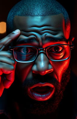 A close-up portrait of a scared bearded black man with a clean-shaven head, his expression filled with anxiety