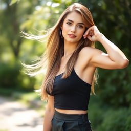 A stunningly beautiful young woman, exuding confidence and charm, poses elegantly in a soft, natural outdoor setting