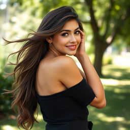 A stunningly beautiful young woman, exuding confidence and charm, poses elegantly in a soft, natural outdoor setting