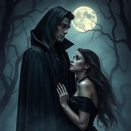 An evocative dark vampire romance scene, featuring a mysterious, alluring vampire with piercing red eyes, draped in an elegant, gothic-inspired cloak, standing in a moonlit forest