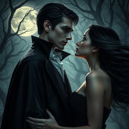 An evocative dark vampire romance scene, featuring a mysterious, alluring vampire with piercing red eyes, draped in an elegant, gothic-inspired cloak, standing in a moonlit forest