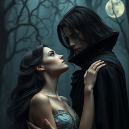 An evocative dark vampire romance scene, featuring a mysterious, alluring vampire with piercing red eyes, draped in an elegant, gothic-inspired cloak, standing in a moonlit forest