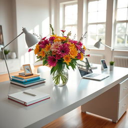 A beautifully organized workspace with a sleek, modern desk featuring a freshly arranged bouquet of vibrant mixed flowers in a stylish vase