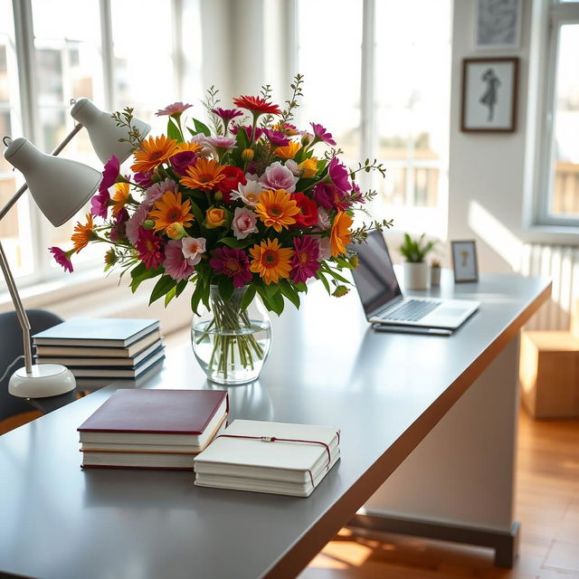 A beautifully organized workspace with a sleek, modern desk featuring a freshly arranged bouquet of vibrant mixed flowers in a stylish vase