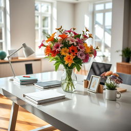 A beautifully organized workspace with a sleek, modern desk featuring a freshly arranged bouquet of vibrant mixed flowers in a stylish vase