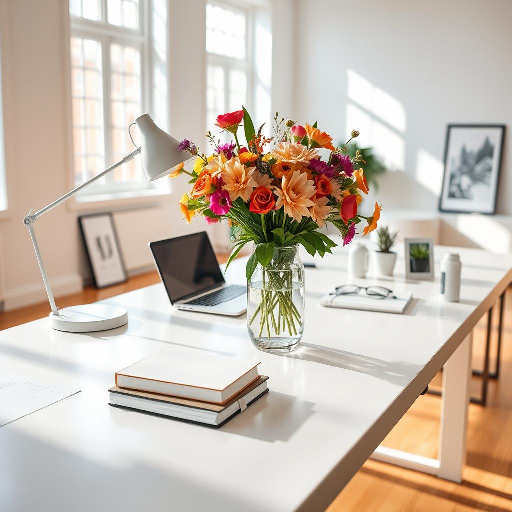 A beautifully organized workspace with a sleek, modern desk featuring a freshly arranged bouquet of vibrant mixed flowers in a stylish vase
