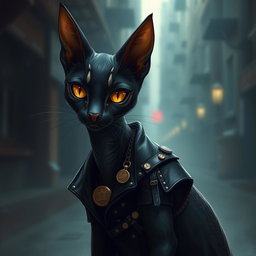 A sleek, midnight-black tabaxi with piercing amber eyes, showcasing a lean and agile form