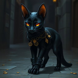 A sleek, midnight-black tabaxi with piercing amber eyes, showcasing a lean and agile form