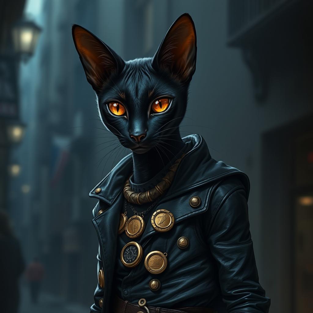A sleek, midnight-black tabaxi with piercing amber eyes, showcasing a lean and agile form
