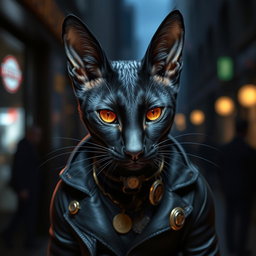 A sleek, midnight-black tabaxi with piercing amber eyes, showcasing a lean and agile form