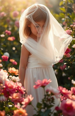 A serene and ethereal scene featuring a young girl gracefully draped in a flowing white dress, embodying innocence and peace