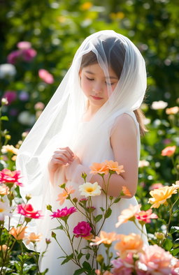 A serene and ethereal scene featuring a young girl gracefully draped in a flowing white dress, embodying innocence and peace