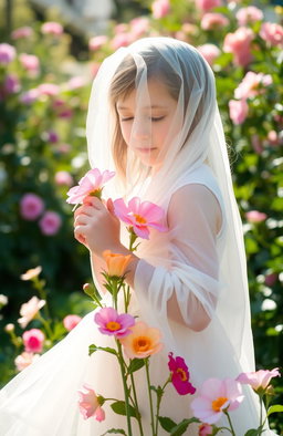 A serene and ethereal scene featuring a young girl gracefully draped in a flowing white dress, embodying innocence and peace