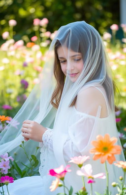 A serene and ethereal scene featuring a young girl gracefully draped in a flowing white dress, embodying innocence and peace