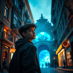 A captivating cinematic scene set in Kyiv, where a teenager named Yurko stands in front of a hidden portal at his usual address