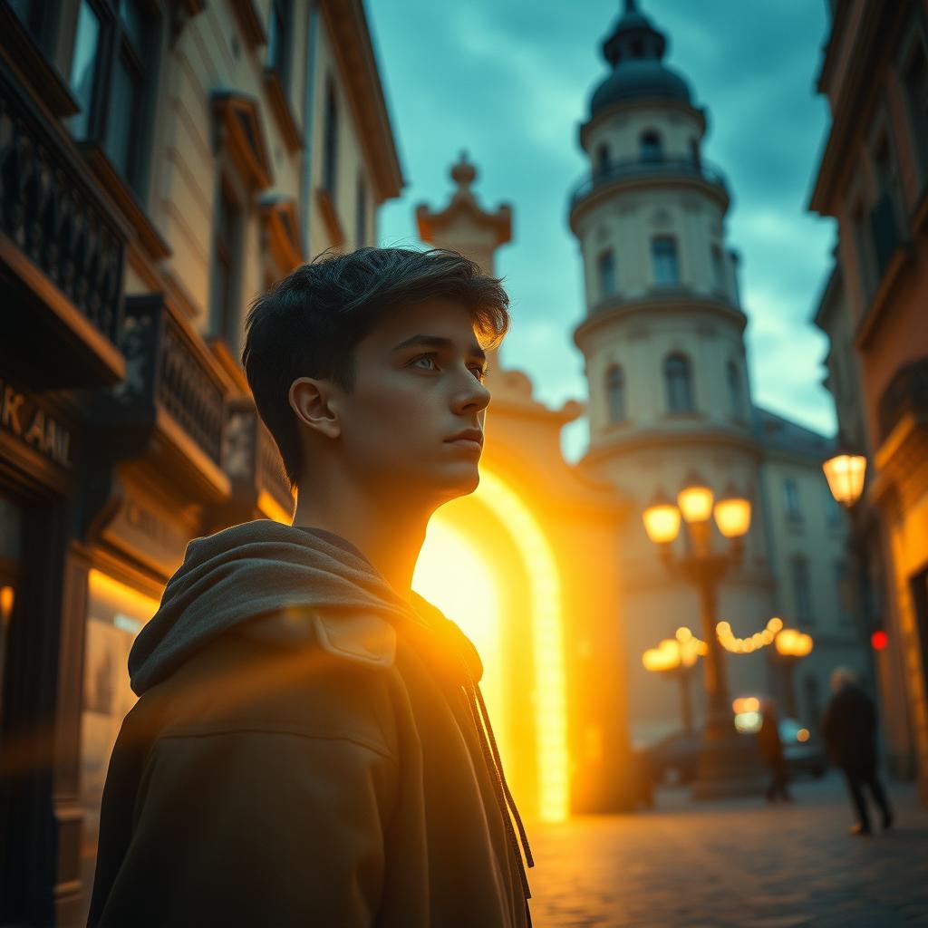 A captivating cinematic scene set in Kyiv, where a teenager named Yurko stands in front of a hidden portal at his usual address