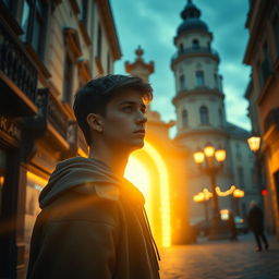 A captivating cinematic scene set in Kyiv, where a teenager named Yurko stands in front of a hidden portal at his usual address