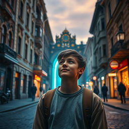 A captivating cinematic scene set in Kyiv, where a teenager named Yurko stands in front of a hidden portal at his usual address